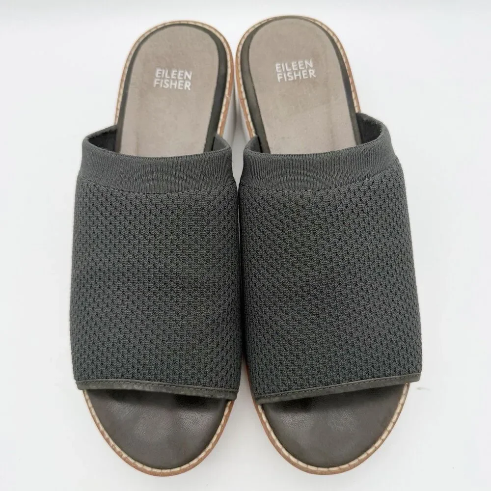 Eileen Fisher Telly Stretch Gray Knit Platform Wedge Sandals Mules Women’s 10